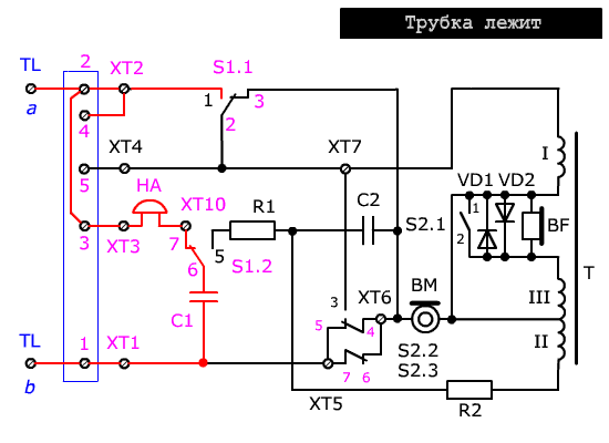 Схема телефонного аппарата ТА-72 в режиме «трубка положена»