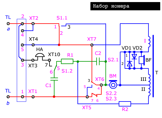 Схема телефонного аппарата ТА-72 в режиме «набор номера»